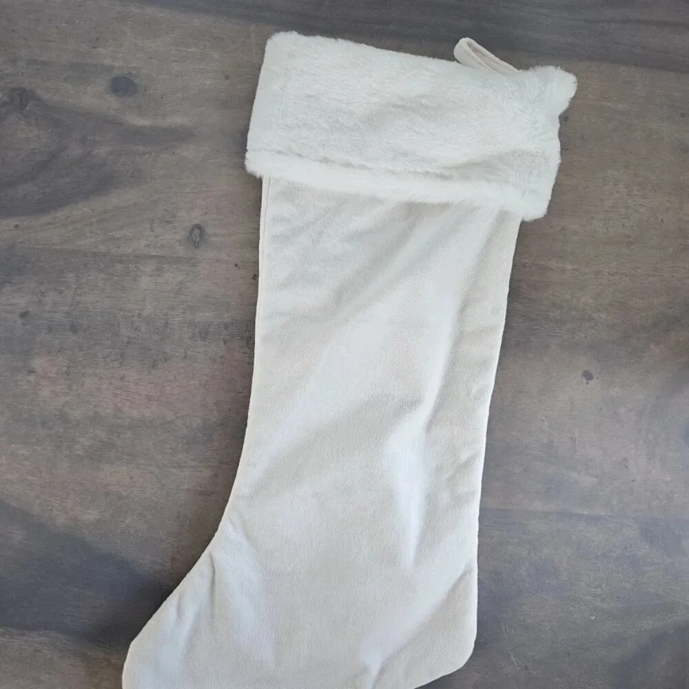 White Plush Cuffed Hanging Christmas Stocking With Gold Monogrammed 